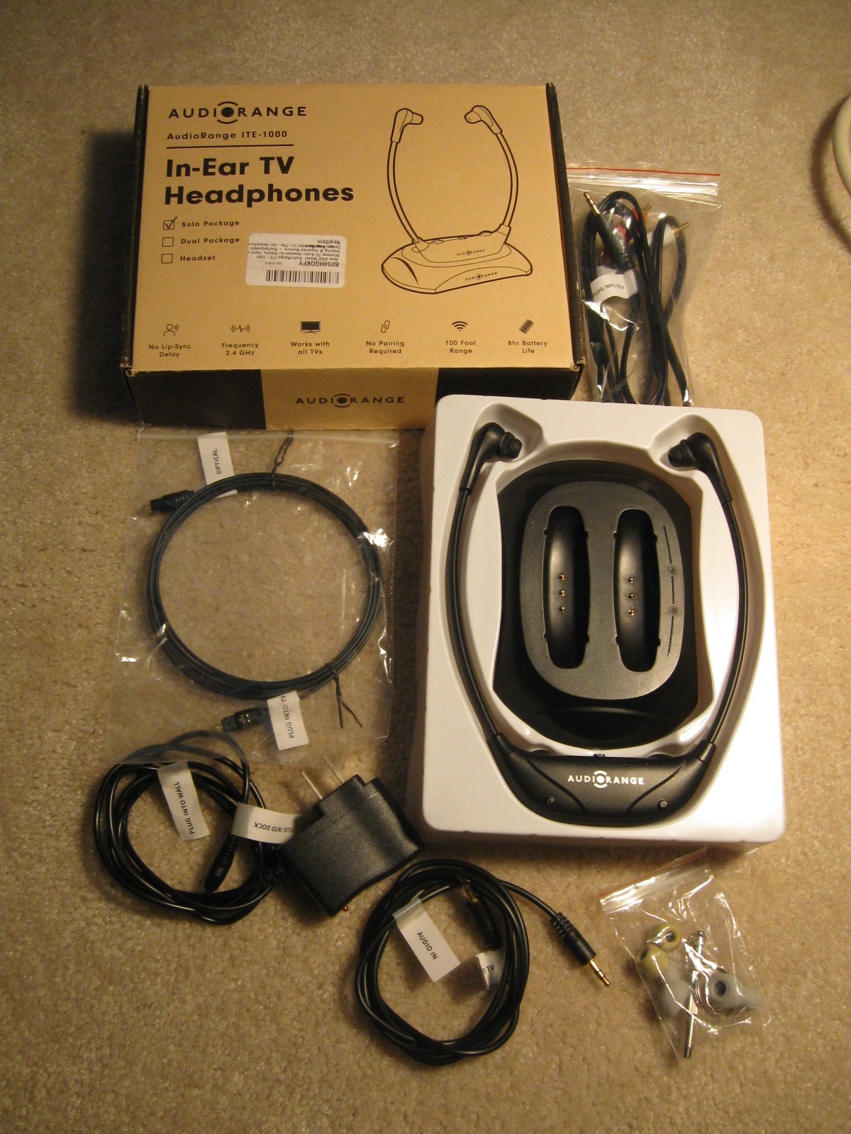 AudioRange Solo Pack ITE-1000 Wireless In-Ear TV Headphones 100 ft Range