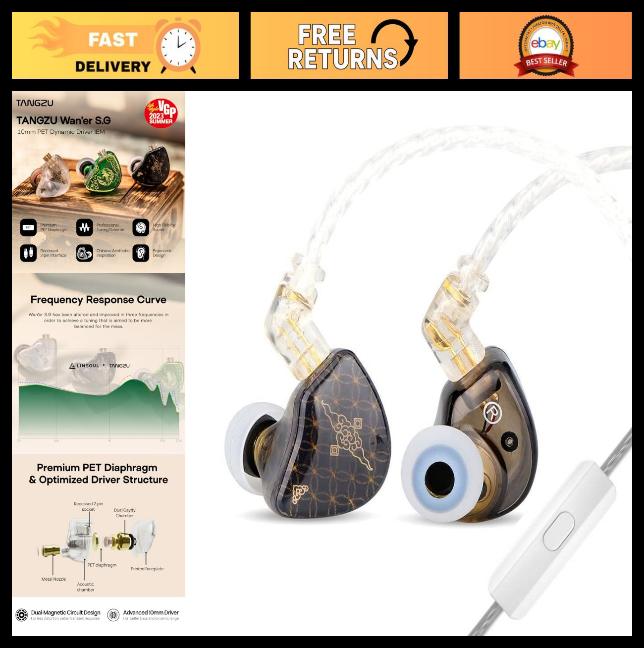 HiFi In-Ear Earphones 10mm Dynamic Driver, Ergonomic Design, Detachable Cable, M