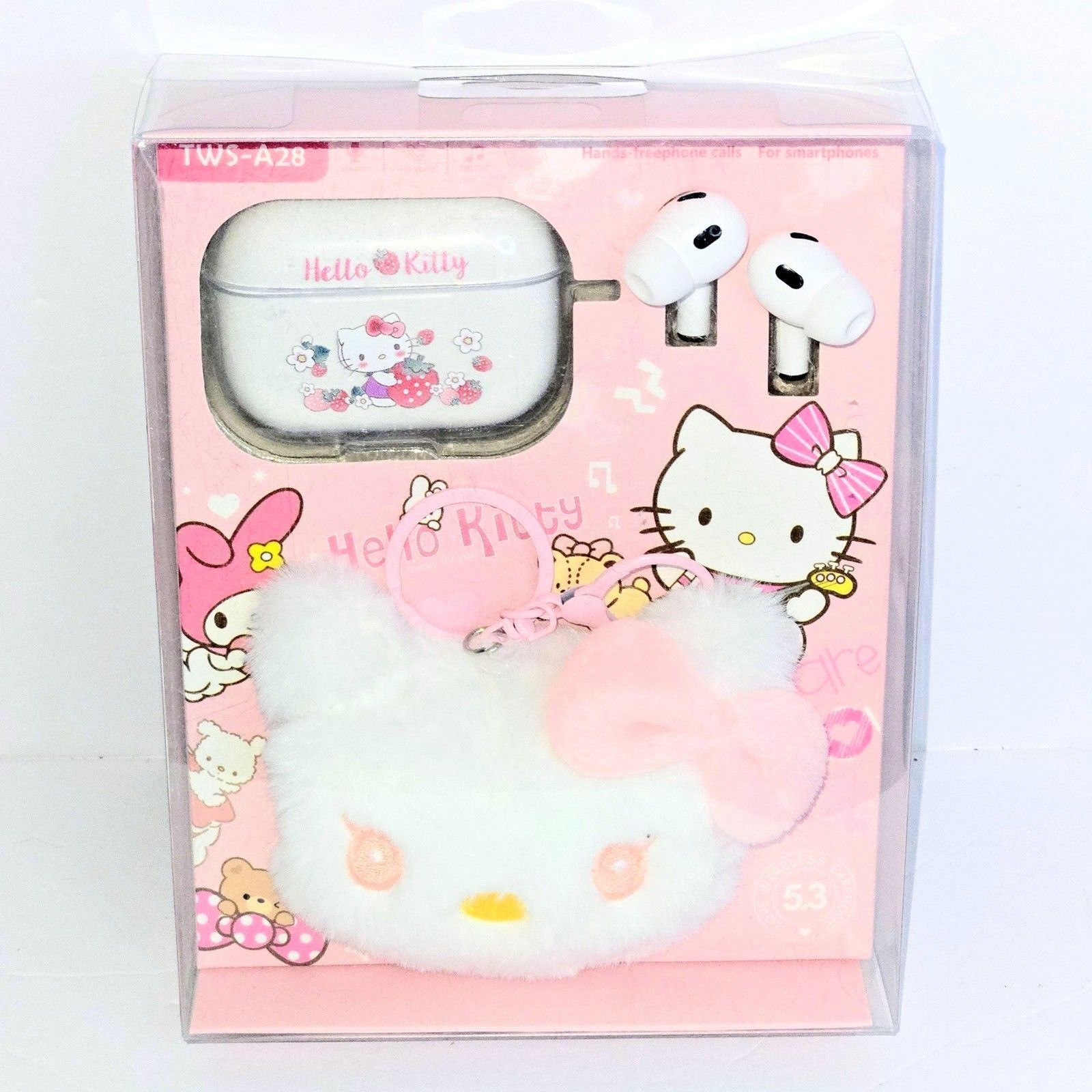HELLO KITTY PINK WIRELESS EARPHONE SET with Case and Keychain NEW IN BOX