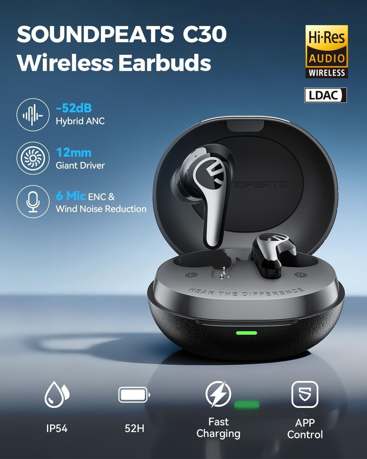 🎧 SOUNDPEATS C30 Earbuds ANC 52dB LDAC Hi‑Res 52H ENC BT6.0 IP54