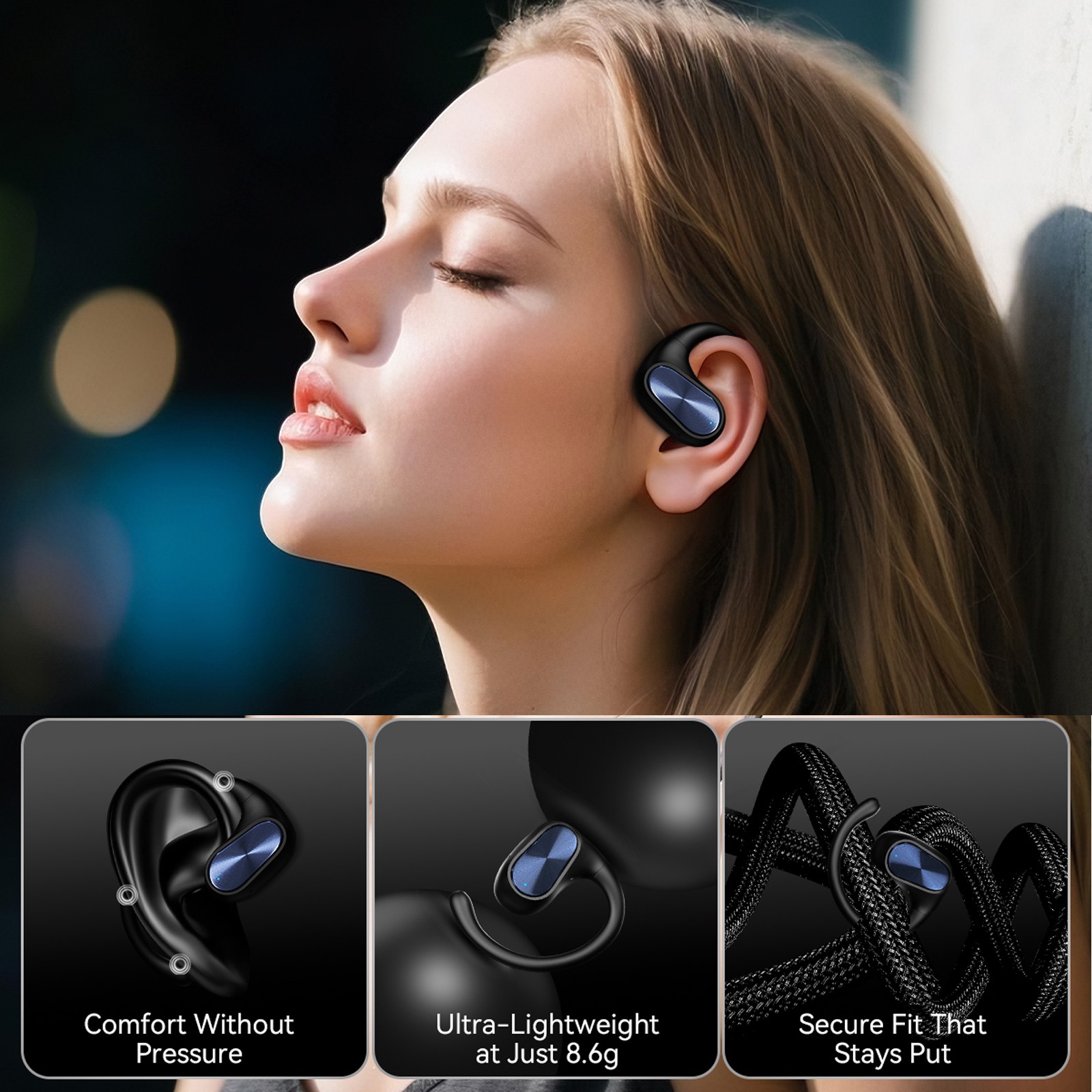 Wireless Open ear Headphone 3D Stereo Sound Bluetooth Earbuds for Sport Fitness
