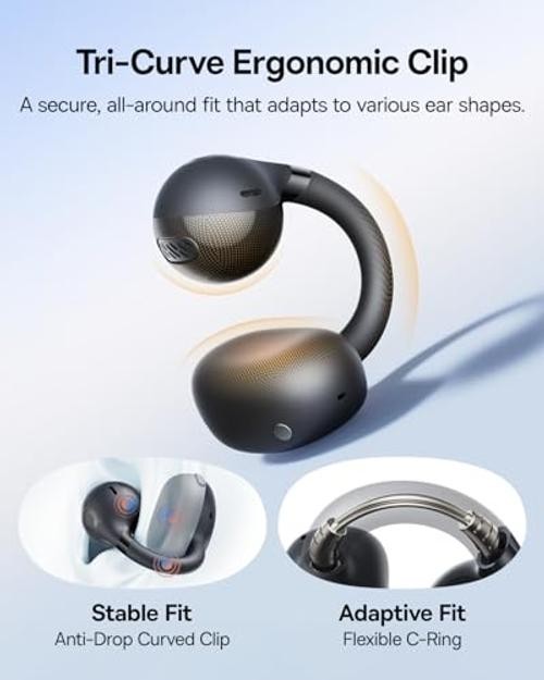 Bass BC1 Open Ear Earbuds Clip-On Headphones, Open-Ring Comfort Space Black