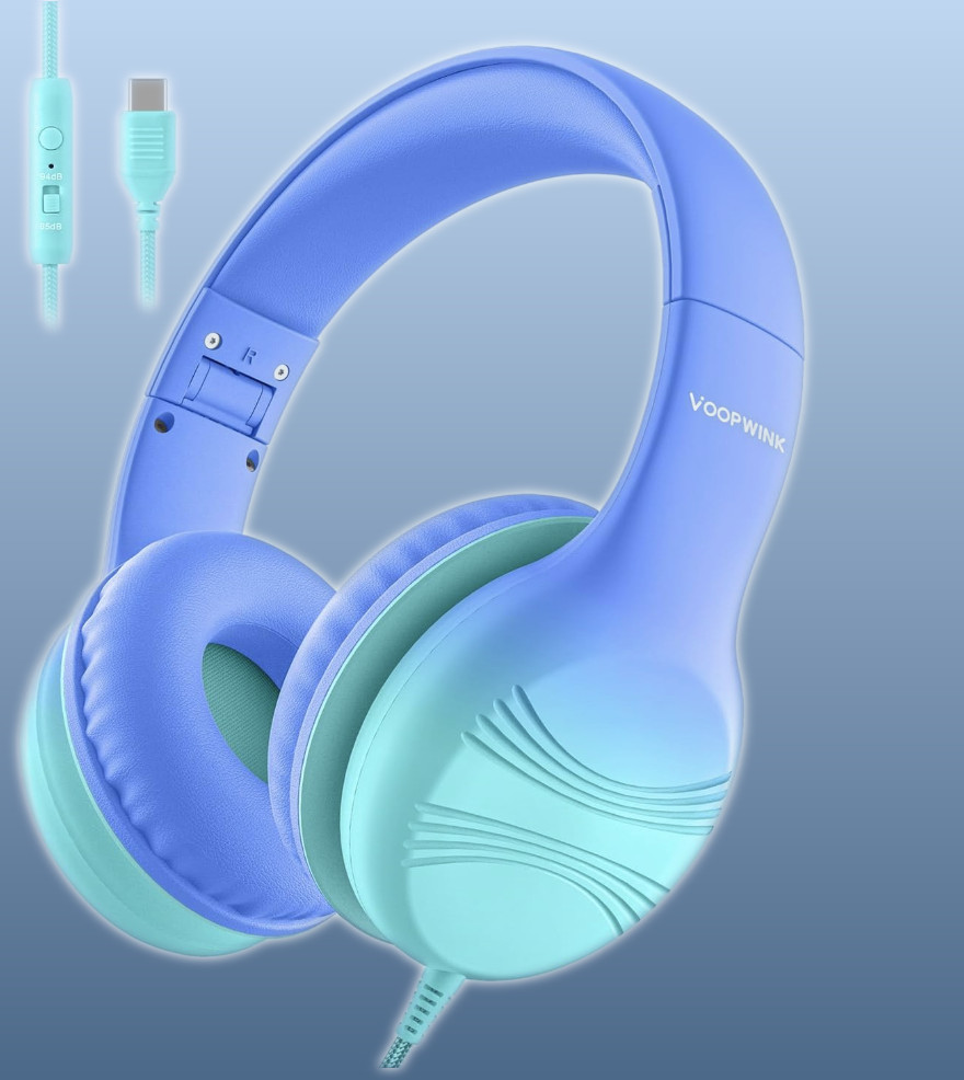 Kids USB-C Wired Over-the-Ear Headphones with Microphone, Volume Control/Limit