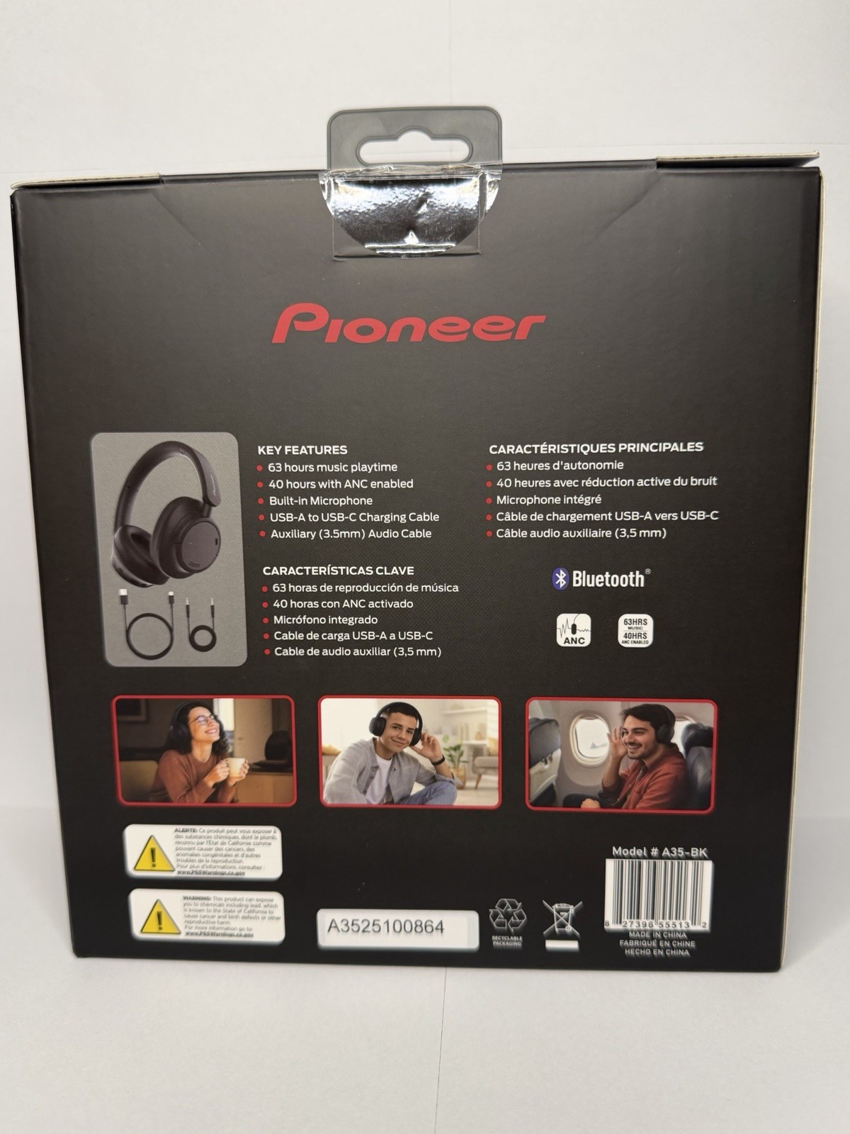 Pioneer A35-BK Bluetooth Headphones ANC USB-C Black Built-In Mic Over-Ear