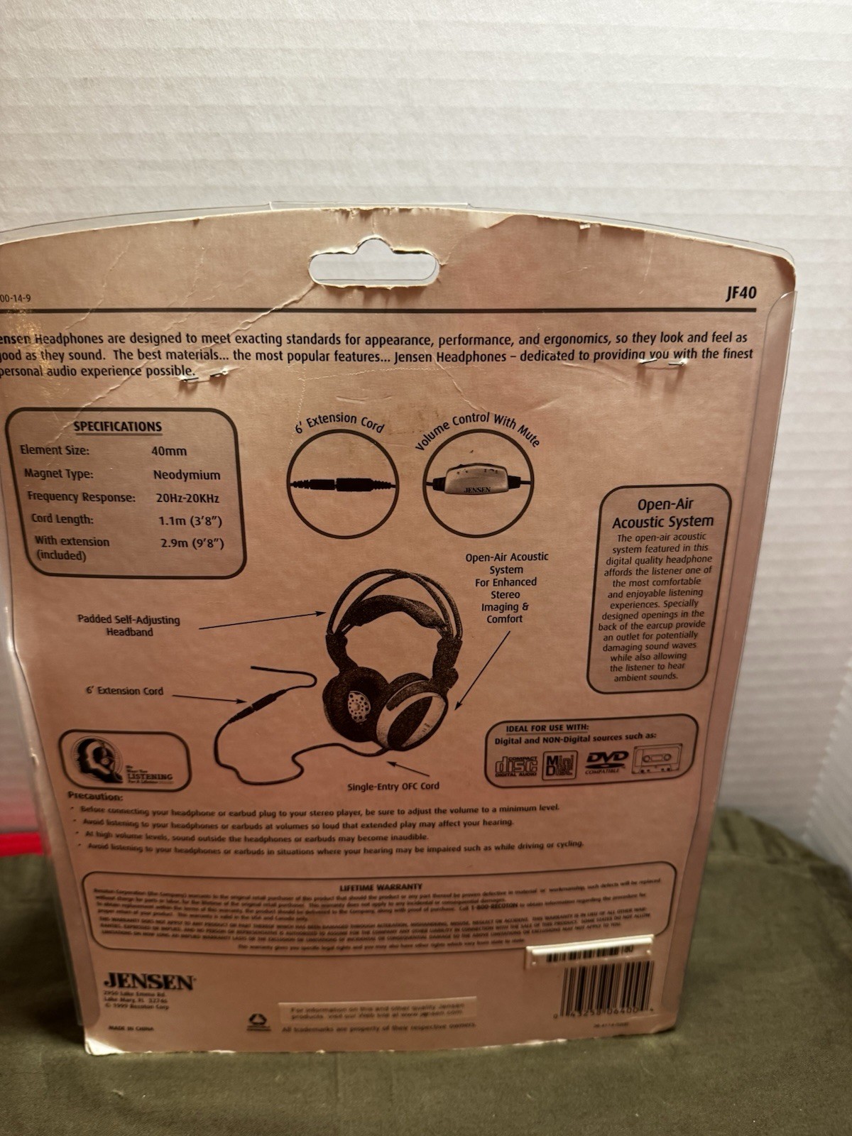 Jensen JF40 Wired Open Air Headphones 40mm Neodymium Volume Mute NOS Sealed
