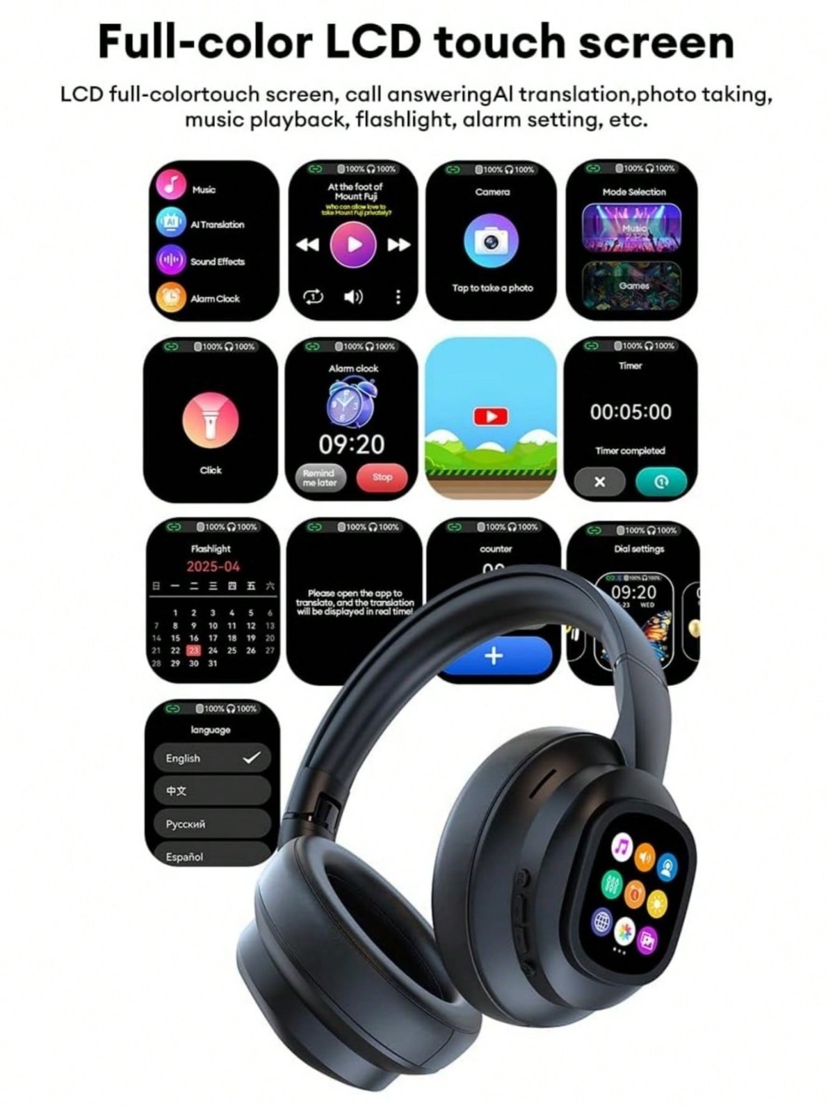 AI Translation Wireless Headphones With LCD Touch Screen 115 Languages Foldable
