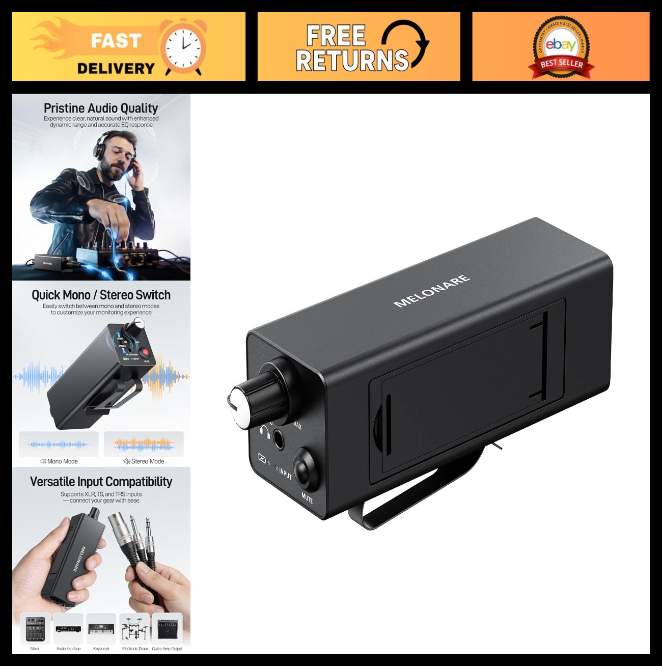 Portable Wired In-Ear Monitor Amplifier, Headphone Amp, XLR/TRS Inputs, Mute Con