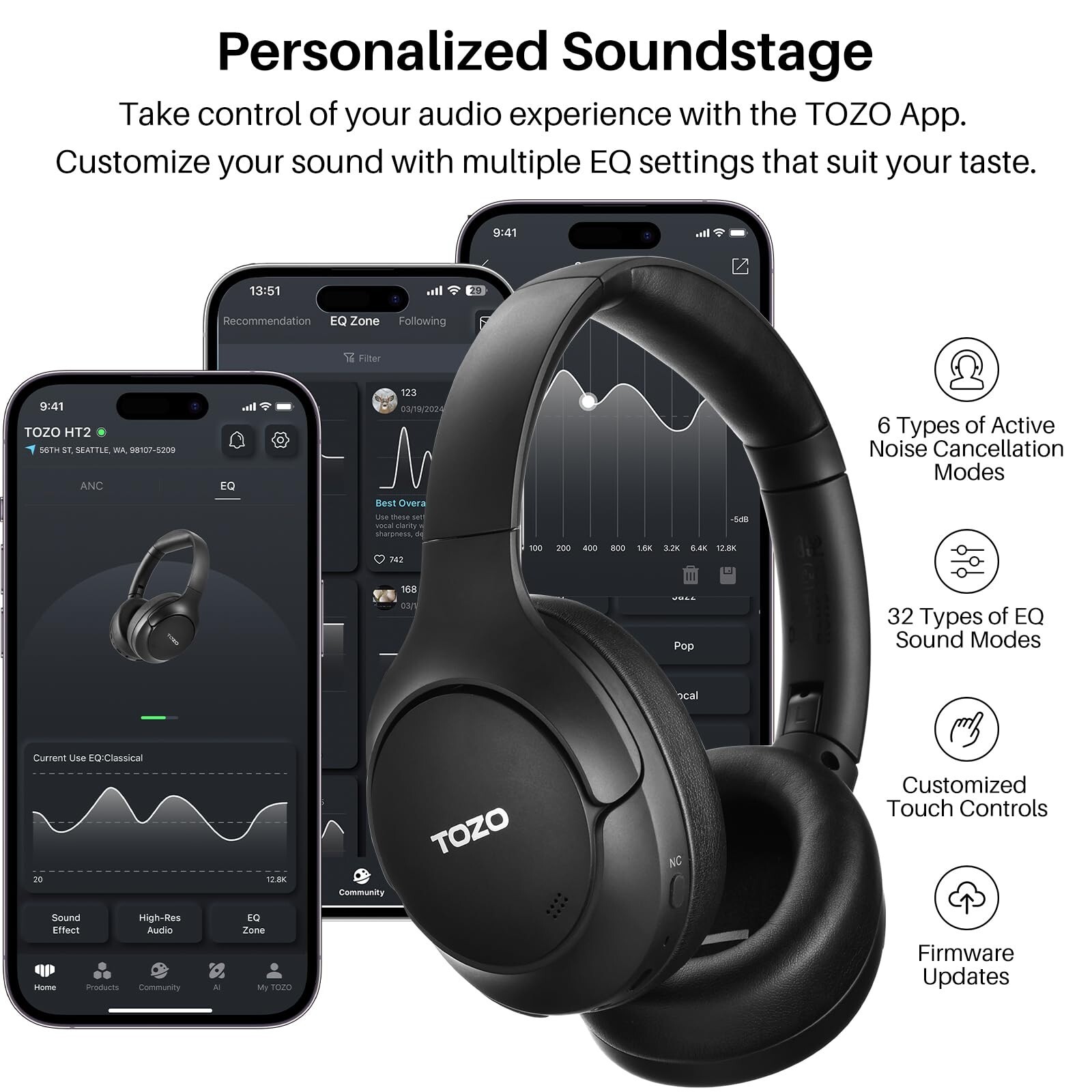 TOZO HT2 Hybrid Active Noise Cancelling Over Ear Headphones, Black (Renew)