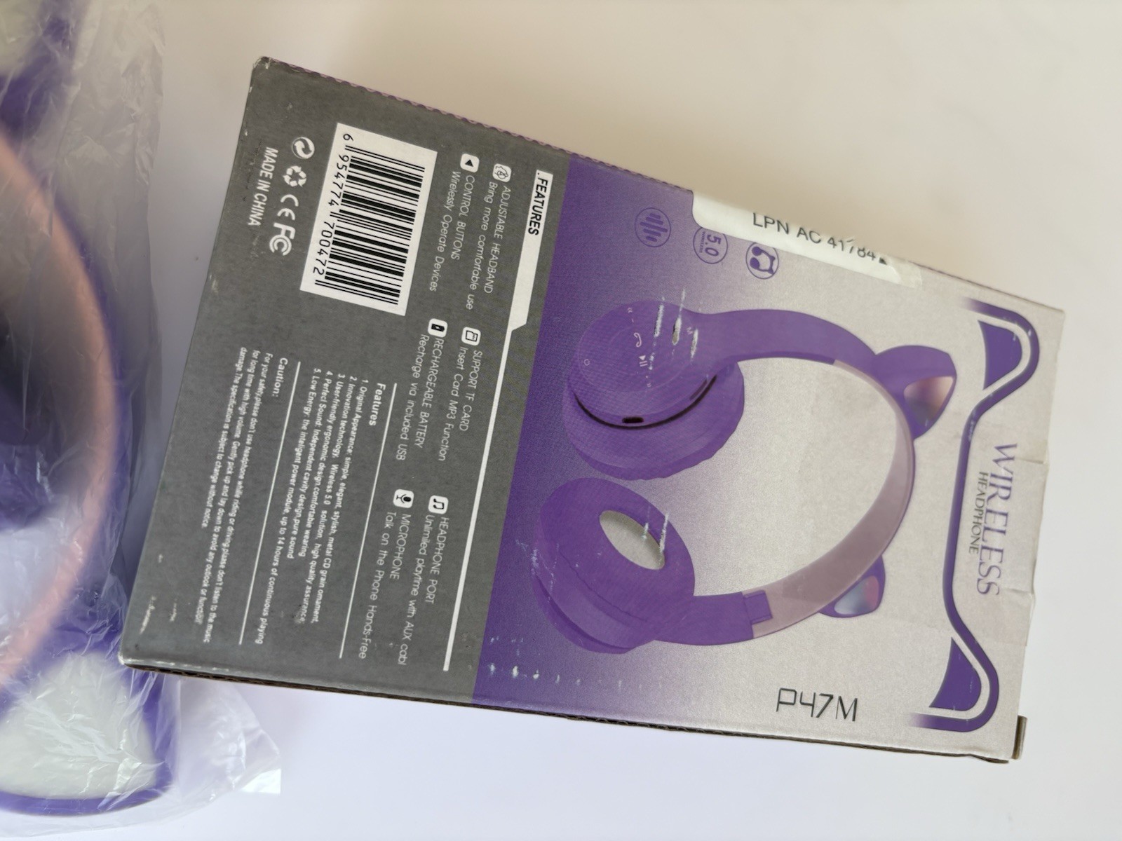 P47M Wireless Cat Ear Headphones Purple Pink Bluetooth USB Adjustable Headband