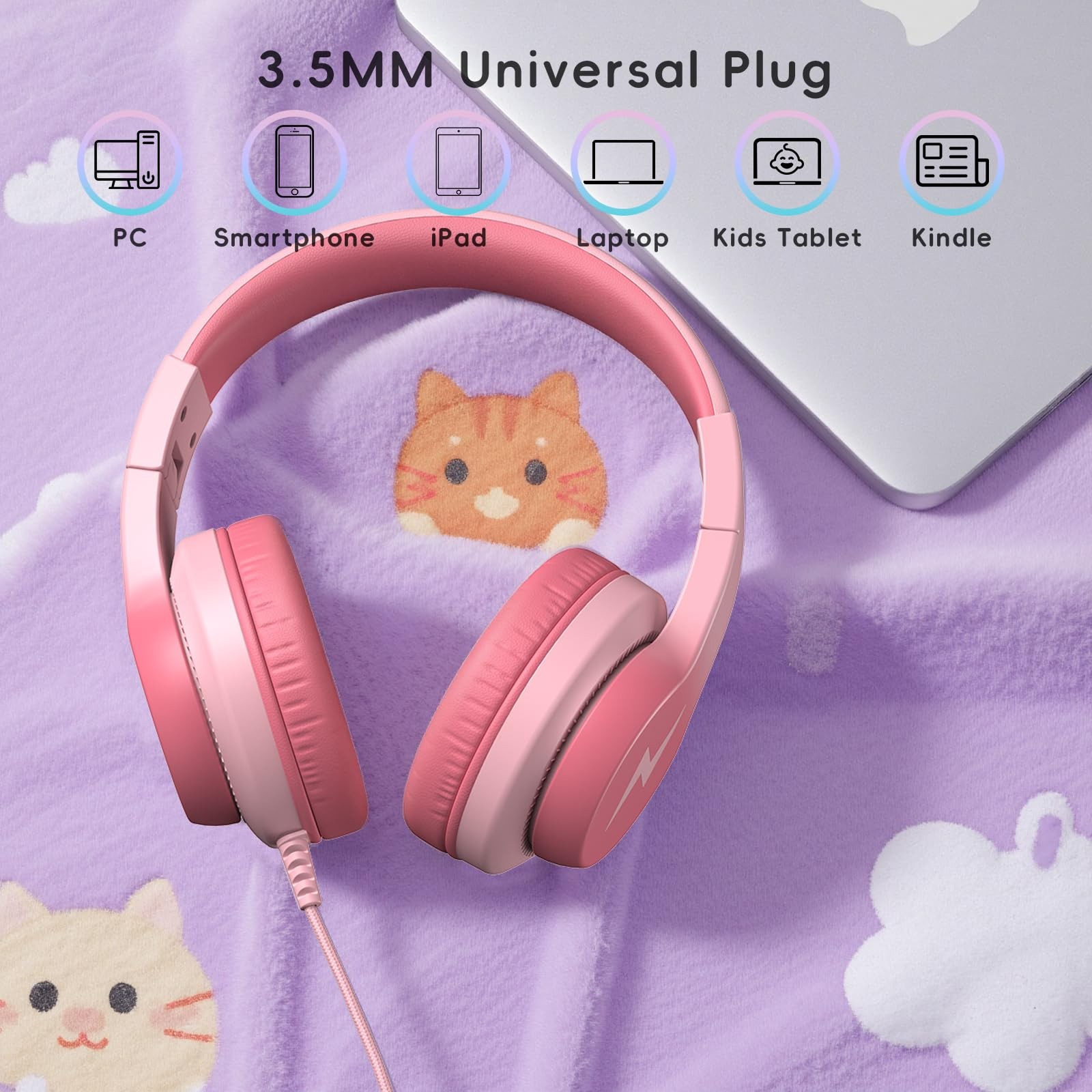 Kids Wired Headphones Microphone 85/94dB Volume Limiter Light Pink Audio