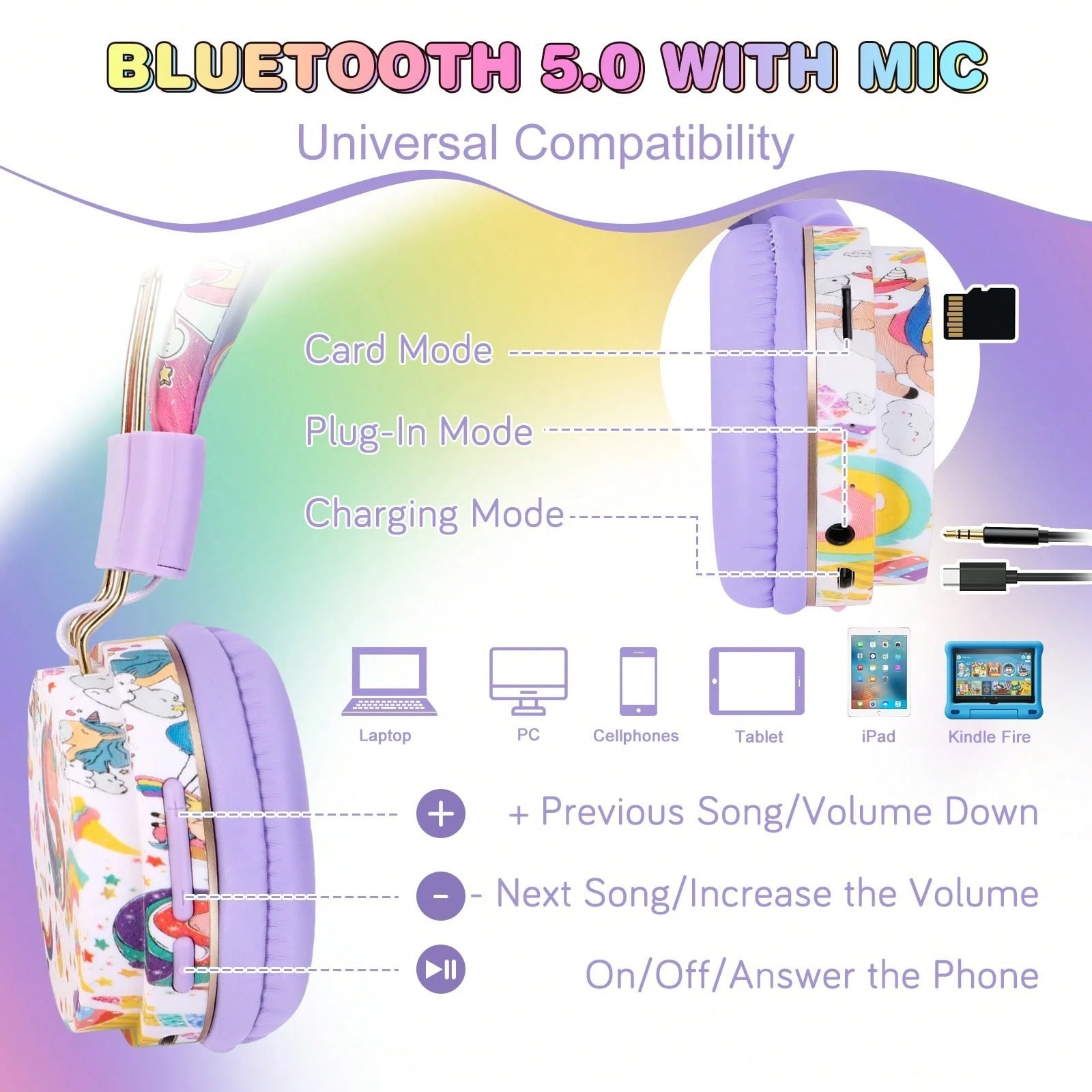 Unicorn Cat Ear Wireless Bluetooth Headphones with Mic for Girls Birthday Gift