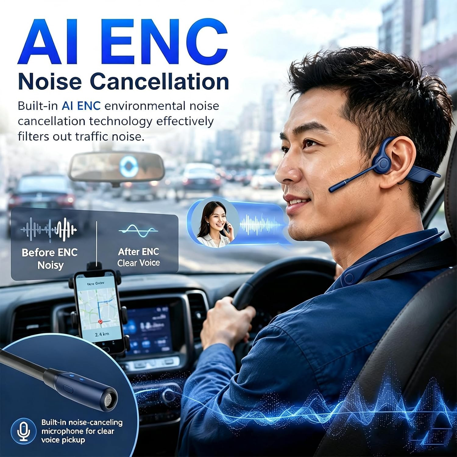 Open-Ear Headphones with Noise-Canceling Mic, Bone Conduction Headphones | AI EN