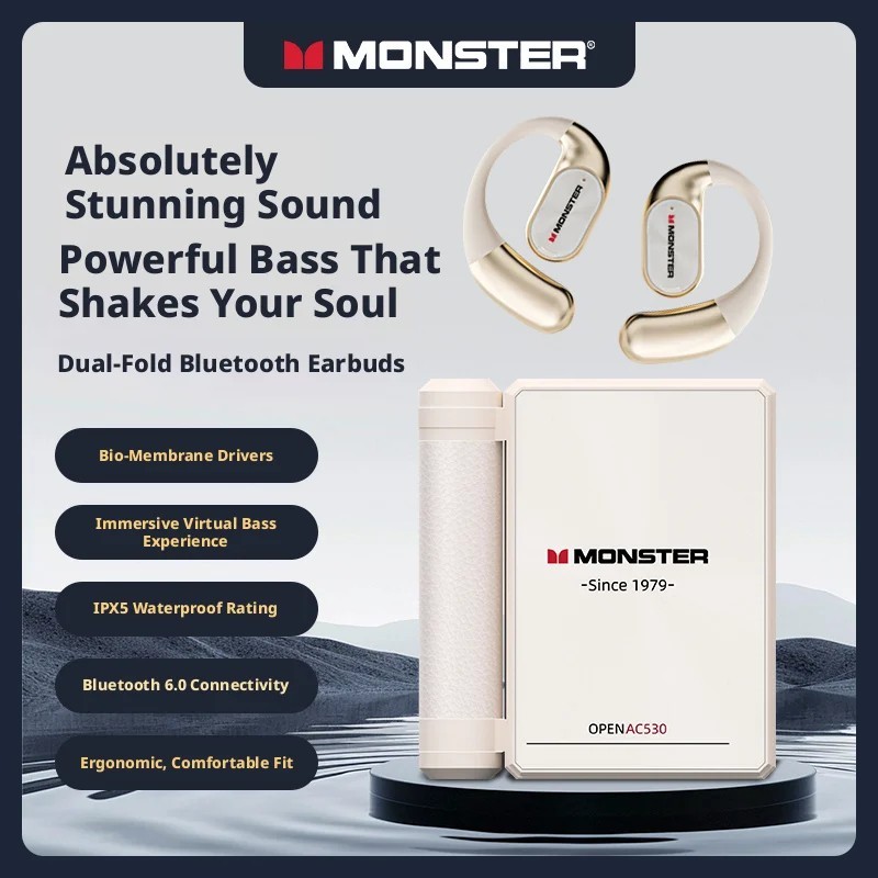 Monster AC530 Wireless Earbuds Open Bi-Folding Bluetooth 5.3 Sport HiFi Headset