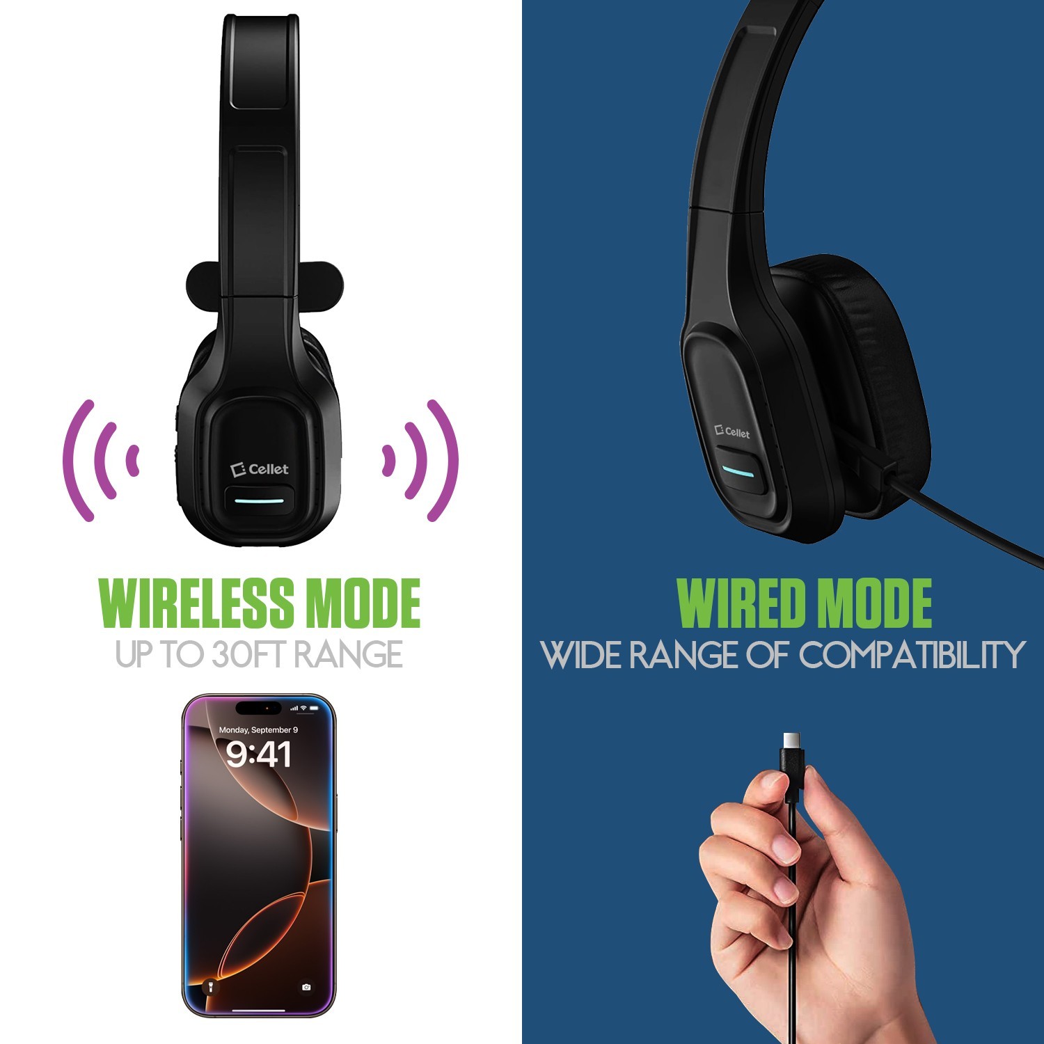 Noise Cancelling Overhead Wireless Headset with Boom Microphone
