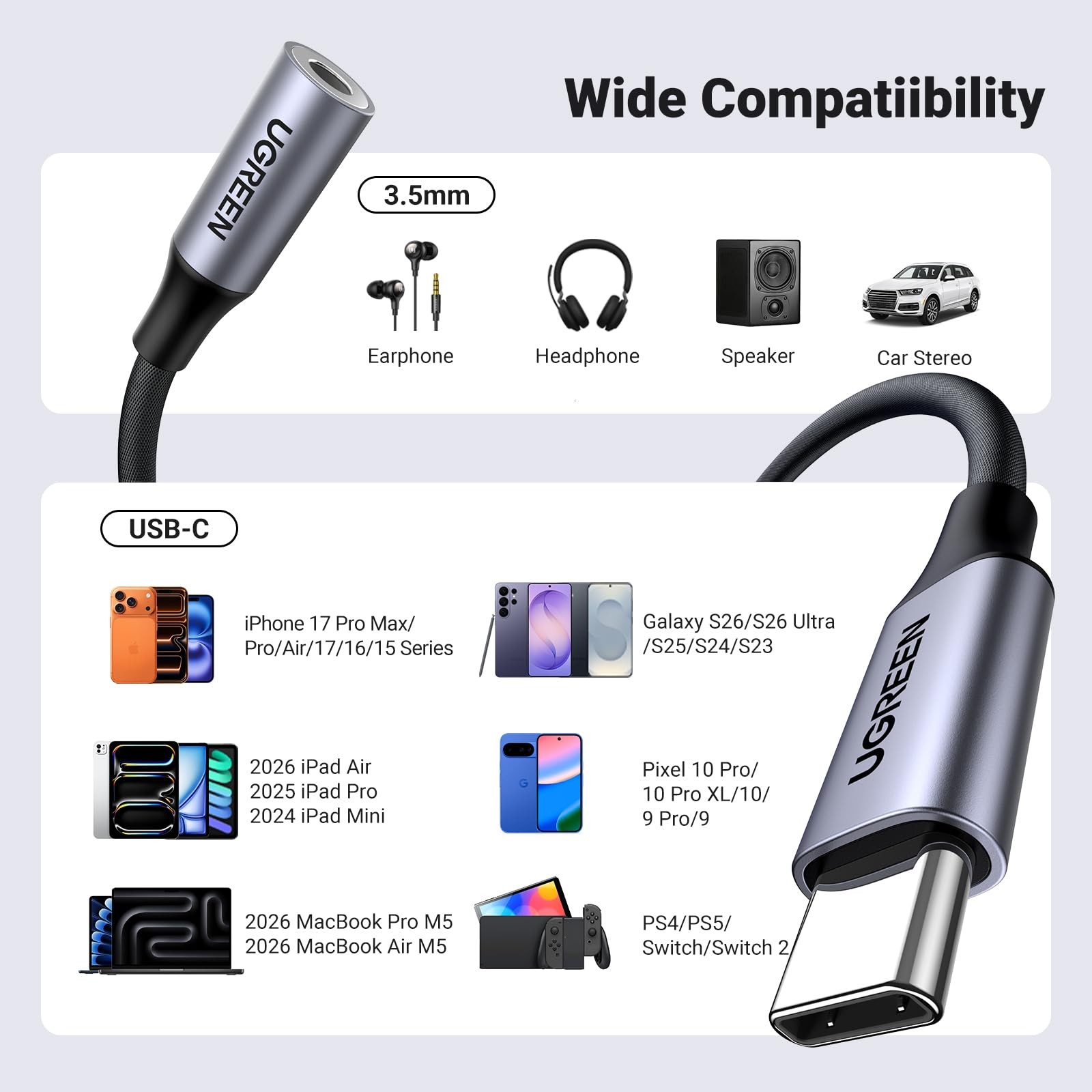 UGREEN USB C to 3.5mm Audio Adapter Type C to Headphone Aux Jack Dongle 24bit/96