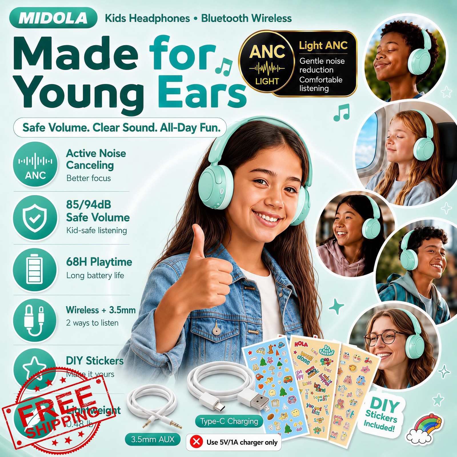 MIDOLA Kids Bluetooth Headphones Mint Green ANC Wireless