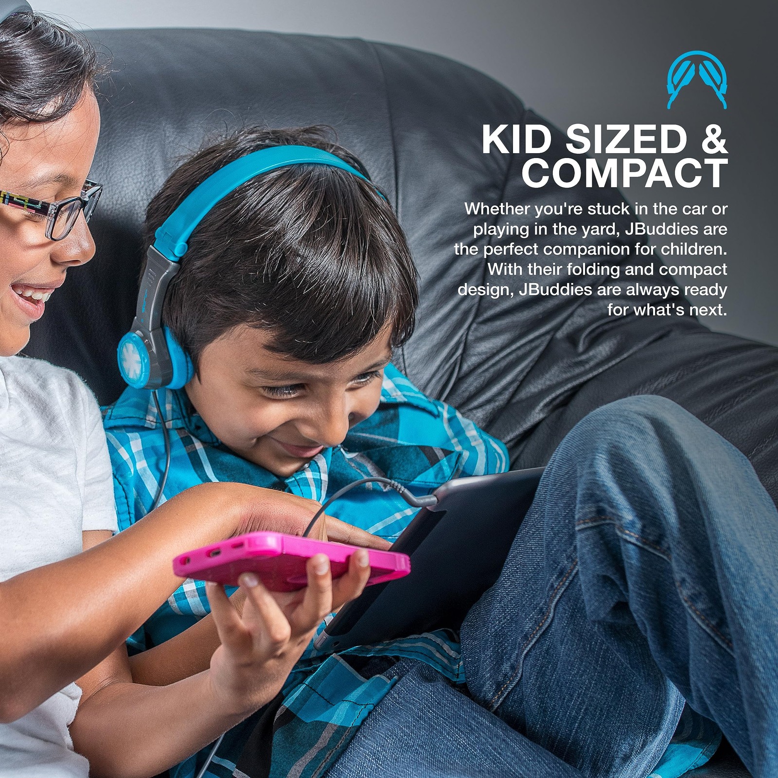 JLab JBuddies Folding Kids Headphones Volume Limiting Noise Isolation Gray/Blue