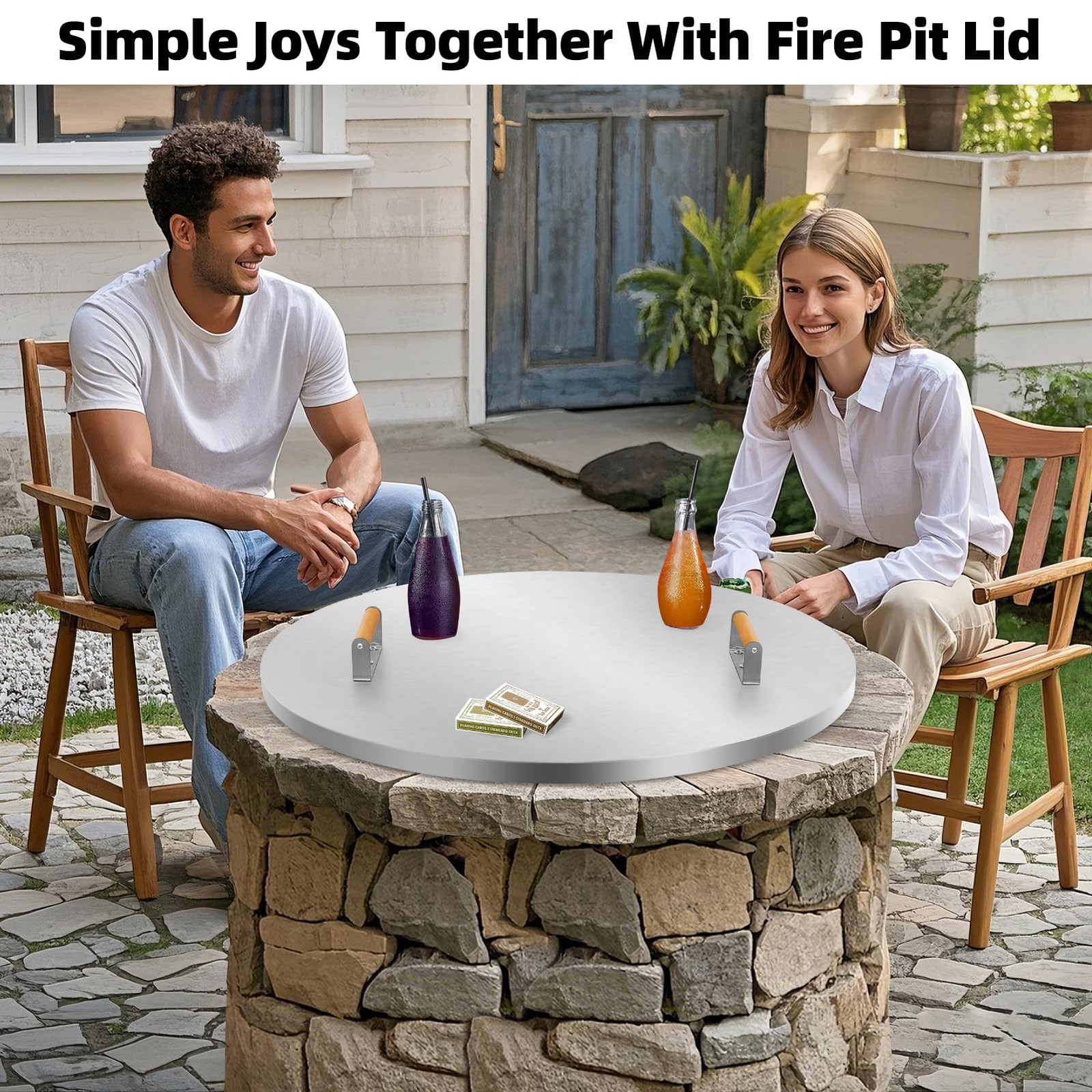 Fire Pit Lid Round 34″ – Stainless Steel Firepits Cover with Wooden Handles f…