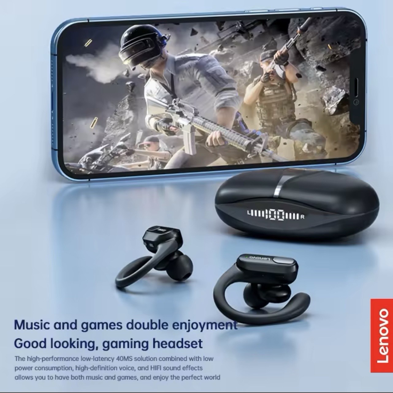 Lenovo thinkplus Bluetooth 5.3 Ear-Hook Wireless Earbuds LED Case Black