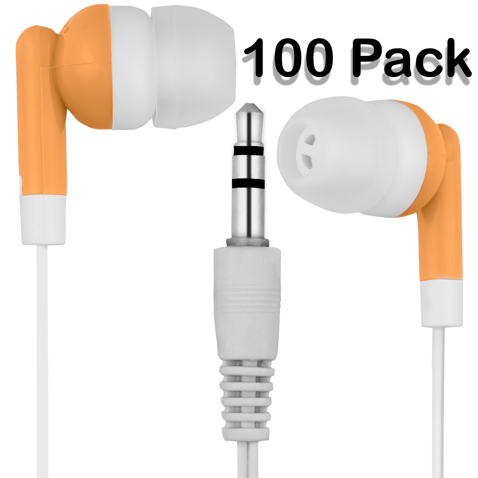 Pack of 100 Orange/White Classroom Headphones / Earbuds – Individually Bagged