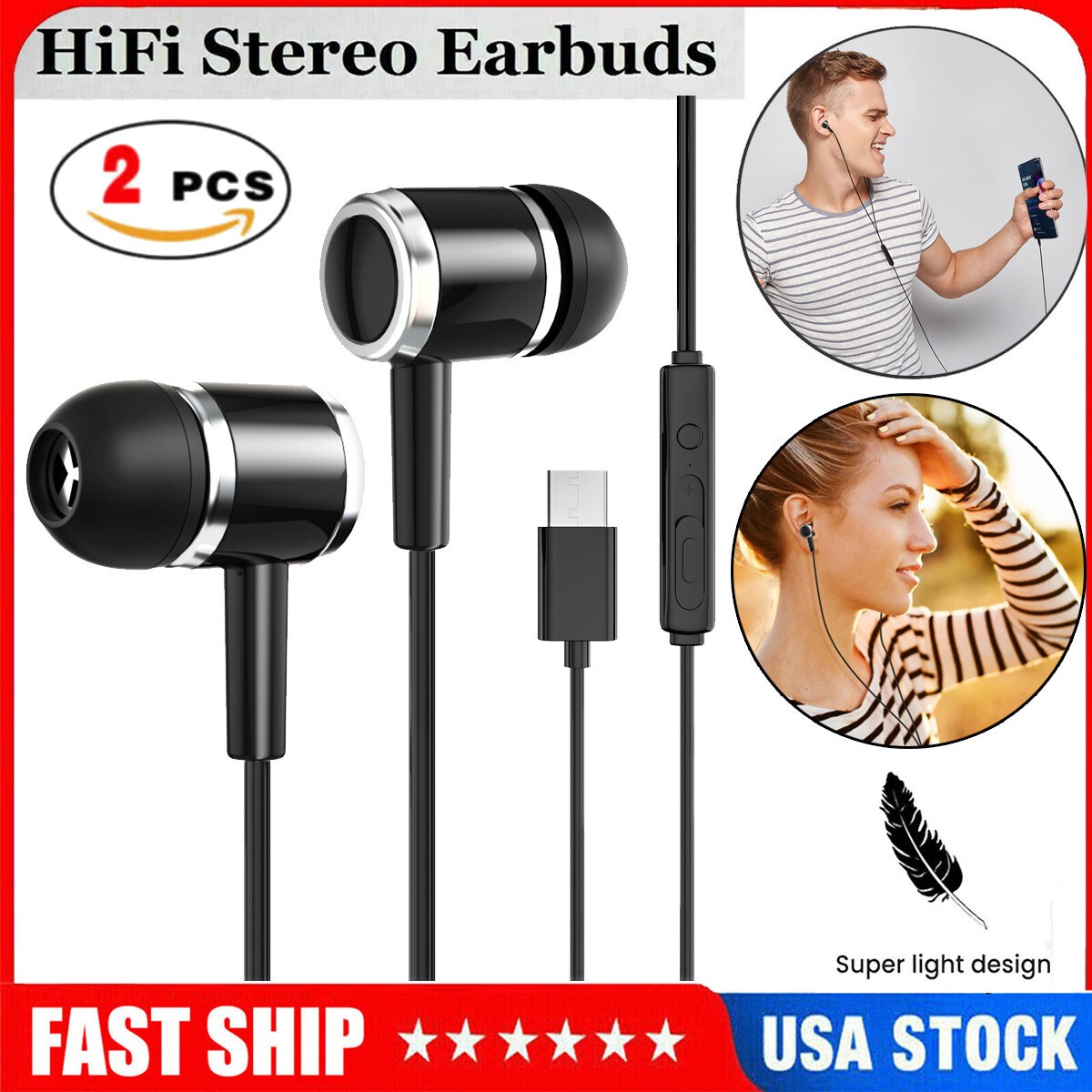 2 PCS USB C Type C Earphones Wired Earbuds HiFi Stereo Noise Canceling in-Ear