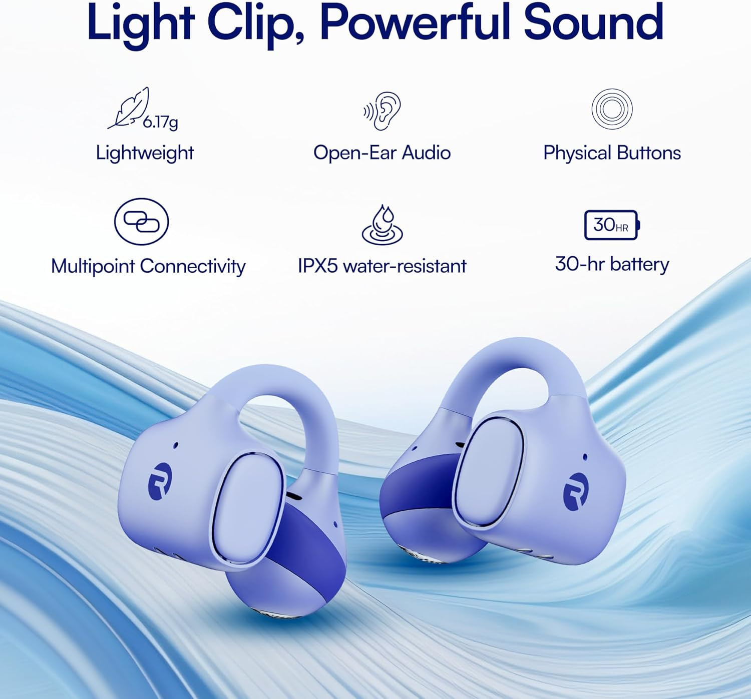 Everyday Clip on Earbuds – Open Ear Headphones, Lightweight Wireless Earbuds Blu