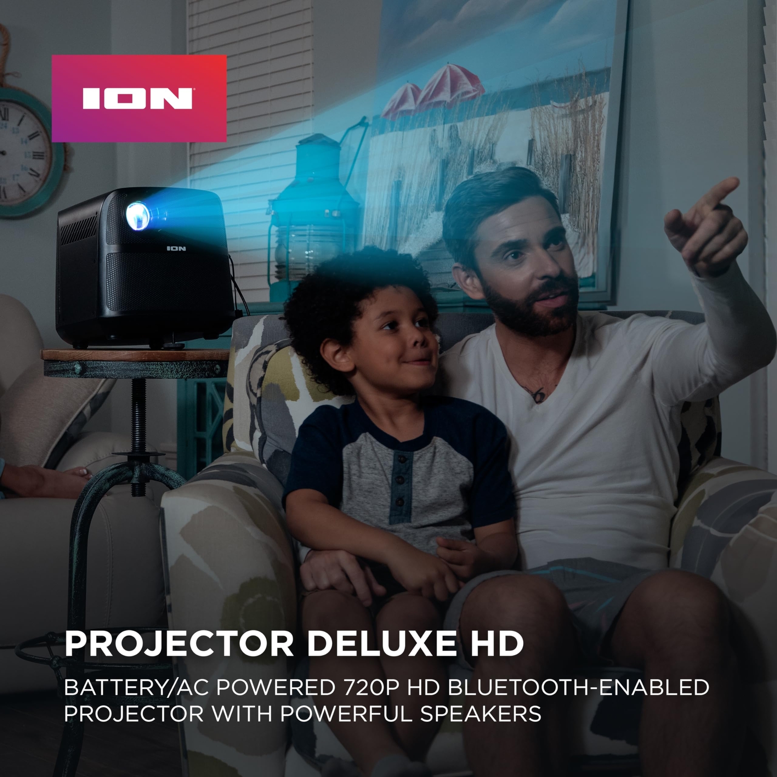 ION Portable Outdoor LED Projector with 70W Speakers, Bluetooth, Rechargeable