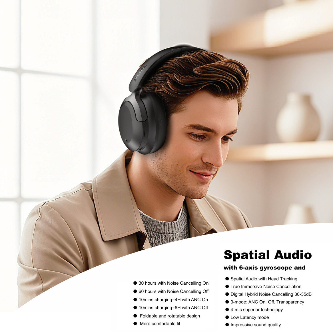 TRON Hybrid Noise Cancelling Headphones, OverEar Wireless Bluetooth Transparency