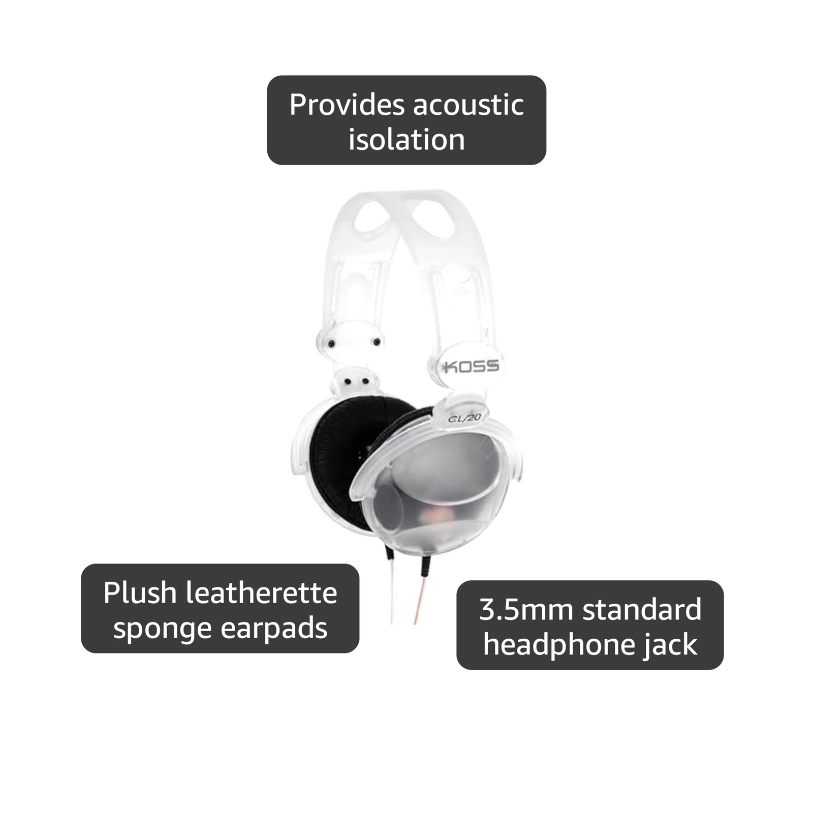 CL/20 Clear Transparent On-Ear Headphones, Retro Look, 3.5mm Plug, Adjustable…