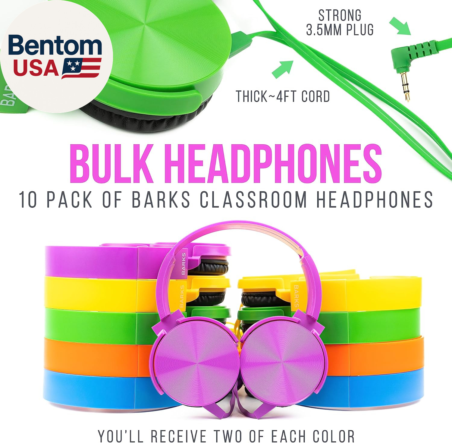 Classroom Headphones (10 Pack, Mixed Colors) – On-Ear Premium Student Bulk Headp