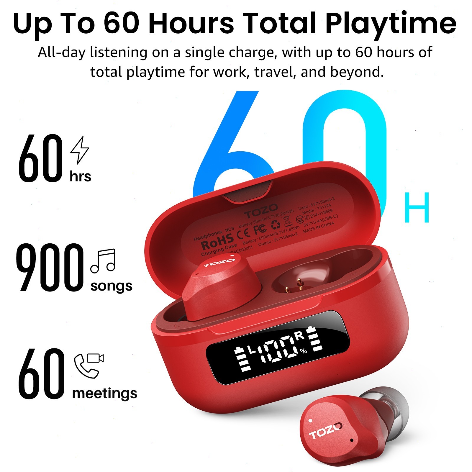TOZO NC9 Hybrid Active Noise Cancelling Wireless Earbuds, Red | Refur