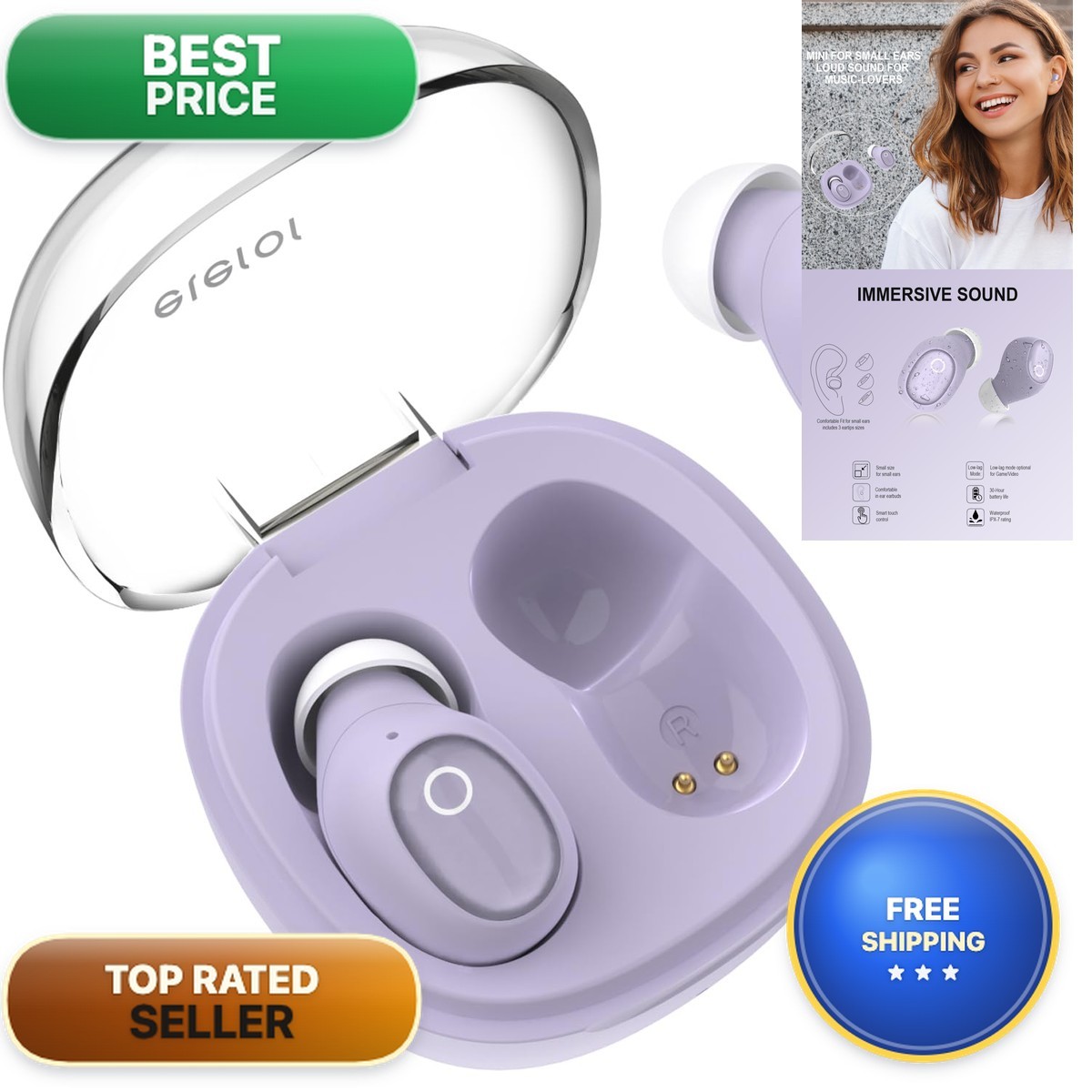Eleror Wireless Small Ears Women Men Purple Bluetooth Small Ear Canals Mini Ear