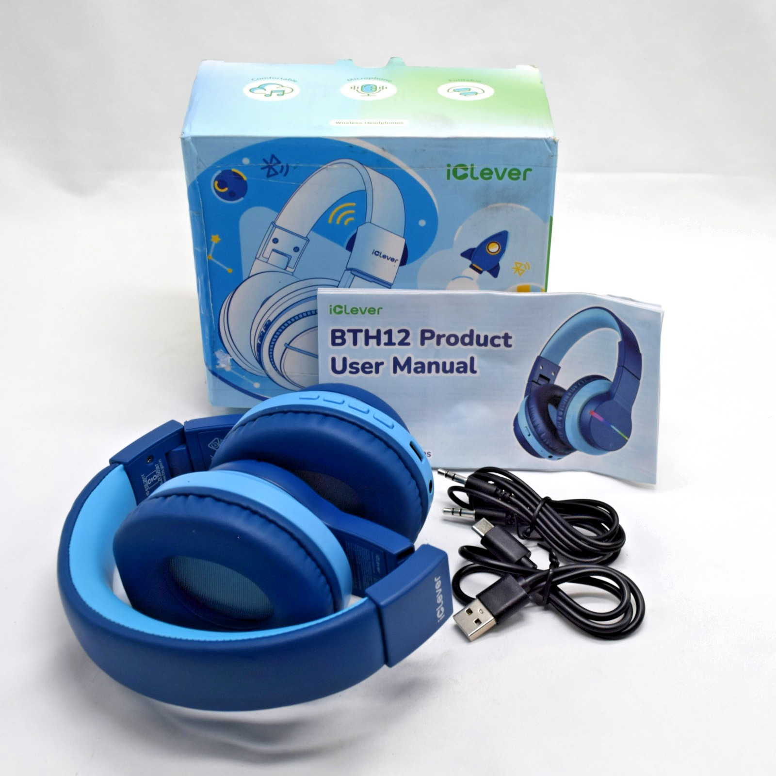 Open Box-Tested iClever BTH12 Blue Bluetooth 5.2 Kids Headphones