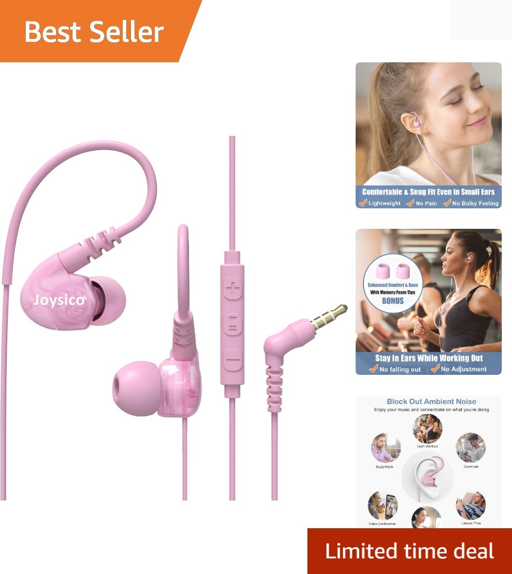 Comfortable Wired Sport Headphones for Kids & Women – Noise Isolating Pink Ea…