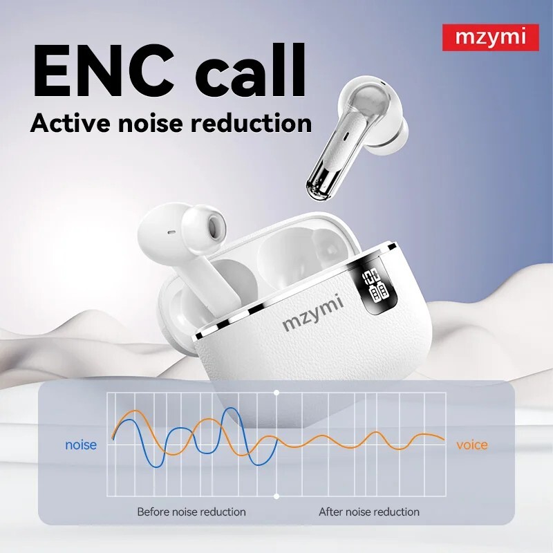 mzymi Y107 TWS Headset ENC Noise Cancelling Bluetooth5.3 Wireless LED Earbuds