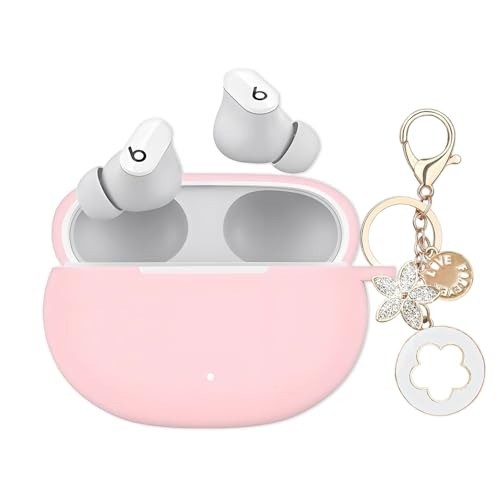 Pink Silicone Case for Beats Studio Buds Plus Earbuds with Bling Keychain