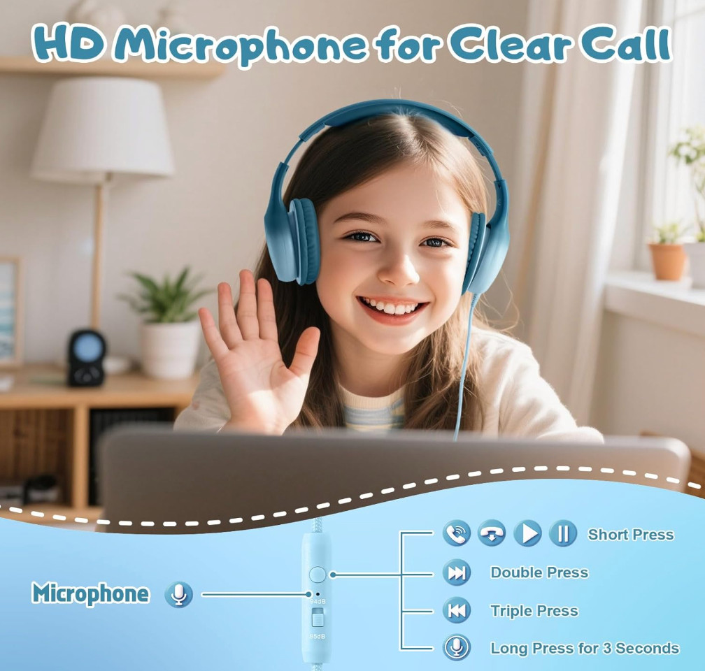 Kids USB-C Wired Over-the-Ear Headphones with Microphone, Volume Control/Limit