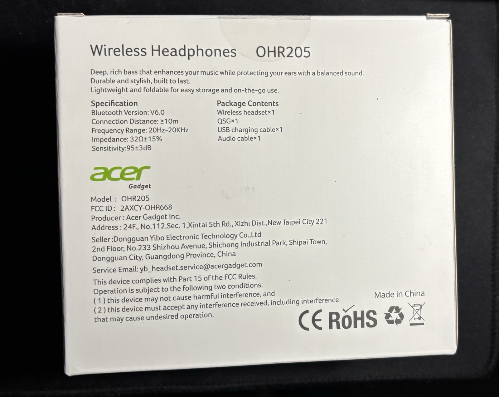 Acer OHR205 Bluetooth Headphones 70H Playtime Foldable Over-Ear Black NEW