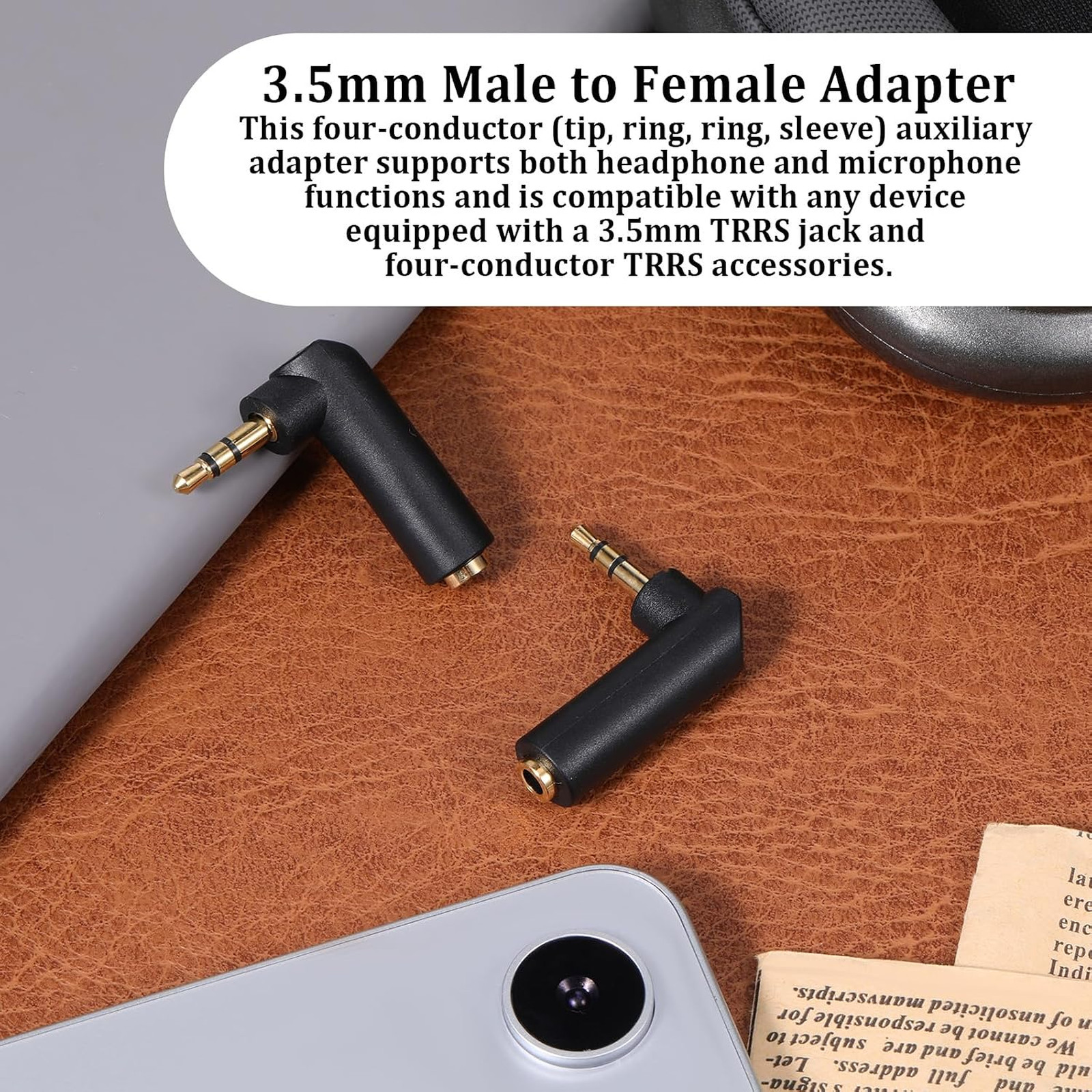 3.5mm Male to Female Audio Adapter 90 Degree Gold-Plated TRS Stereo Jack 2 Pack