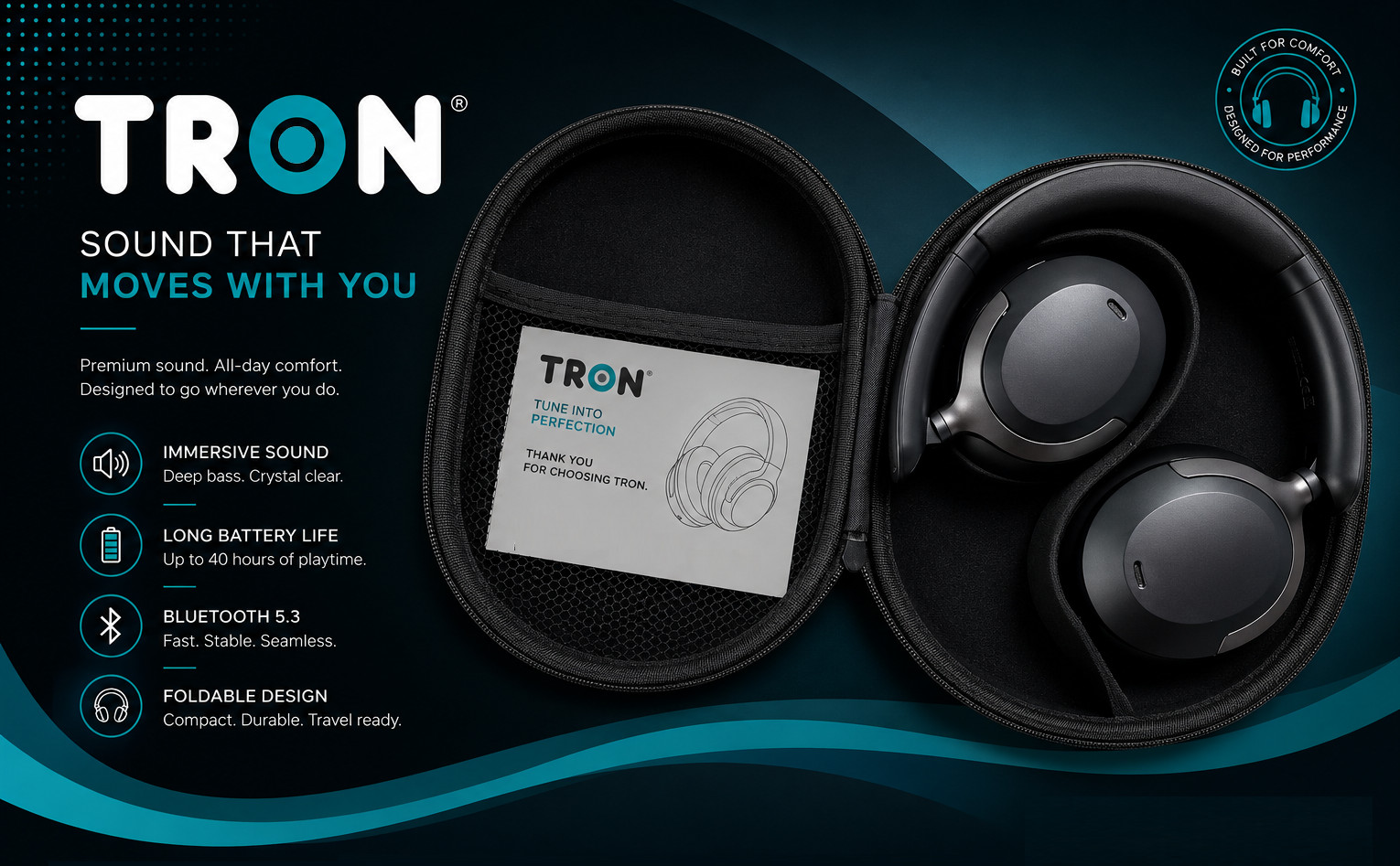 TRON Hybrid Noise Cancelling Headphones, OverEar Wireless Bluetooth Transparency