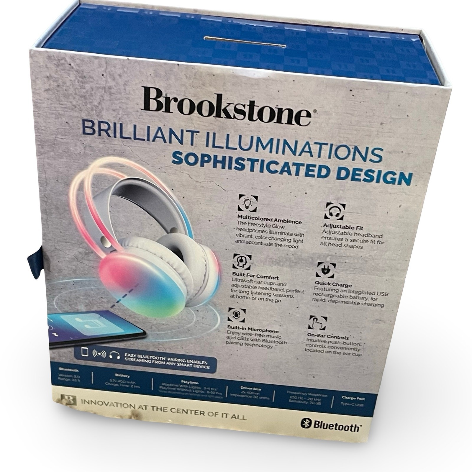 Brookstone Freestyle Glow Wireless LED Headphones Bluetooth Gaming Music Cream