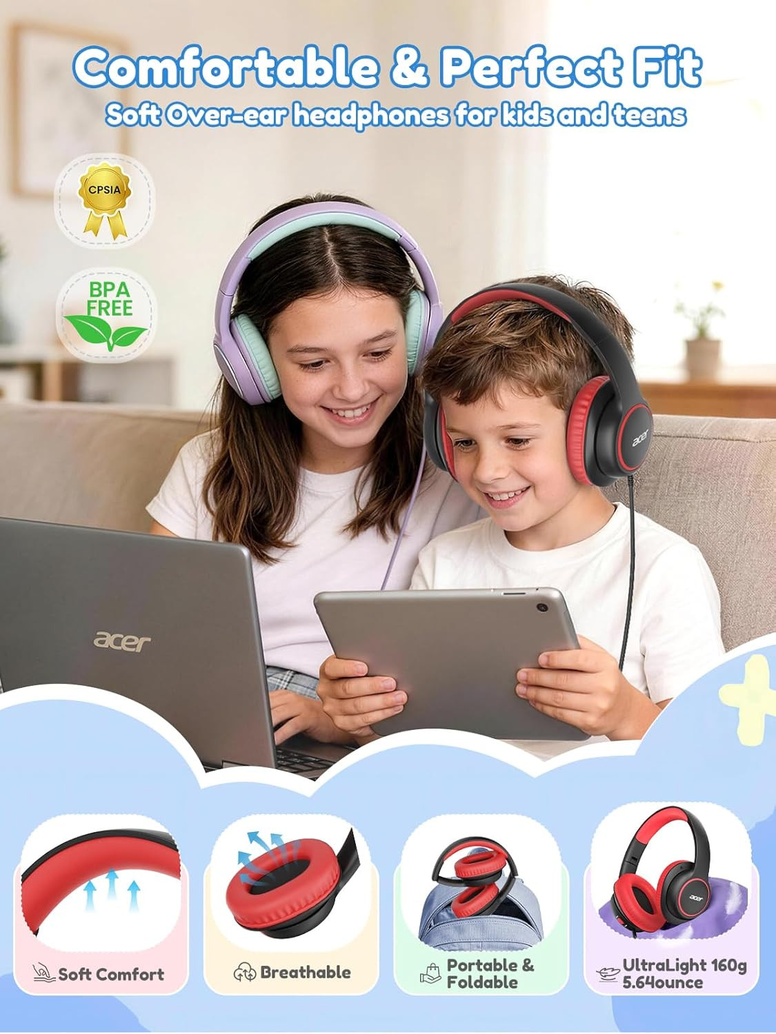 Acer Kids Headphones Wired for School – over Ear Design, 85/94Db Safe Volume Lim