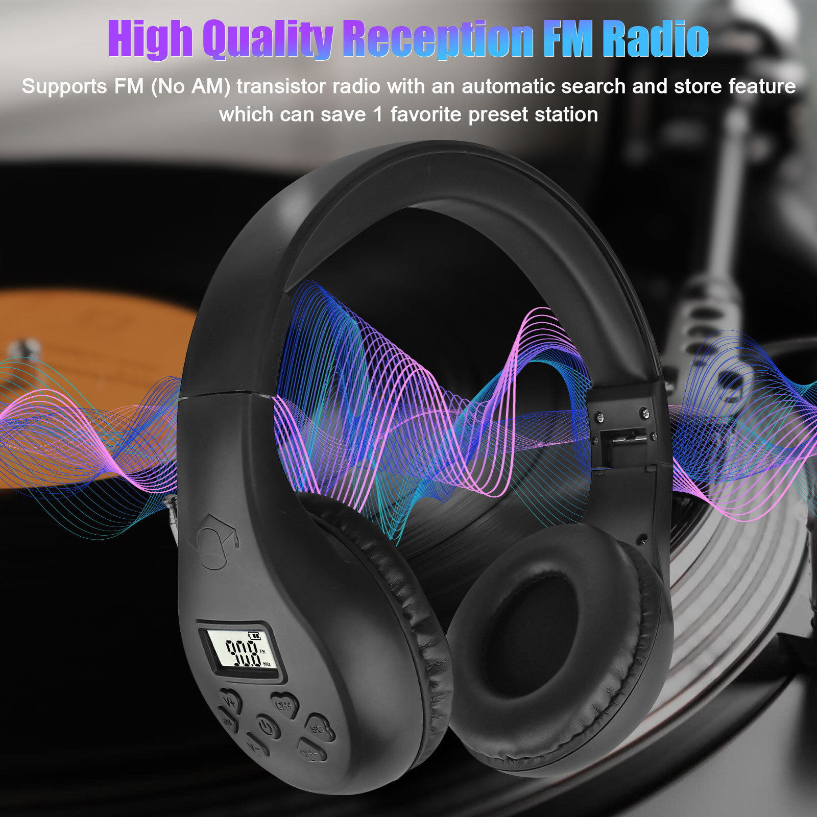 Wireless FM Radio Headphone Foldable Over-Ear Stereo Headset Recevier Portable