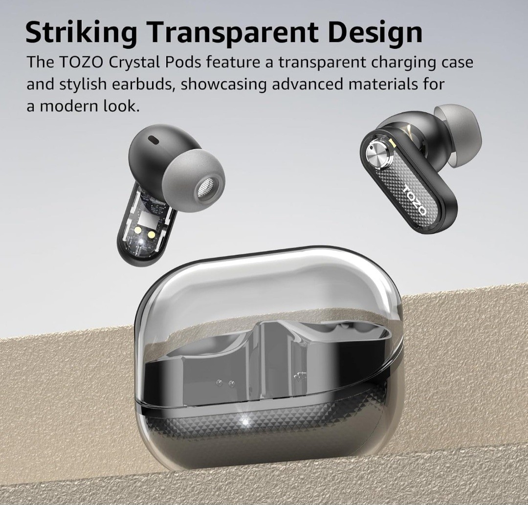 Black Crystal Pods Hybrid Active Noise Cancelling Wireless Earbuds TOZO 10mm Dri