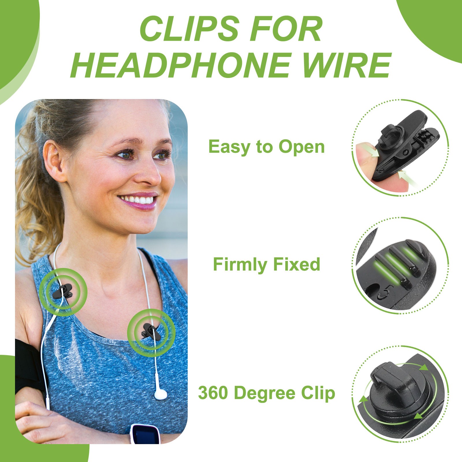 10 Pcs 360 Degree Rotate Headphone Wire Clip 1.18″x0.47″x0.59″ Black