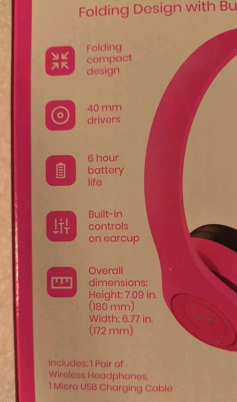 GEMS Wireless Headphones Folding Compact Design, 6hr Battery, Pink, Micro USB