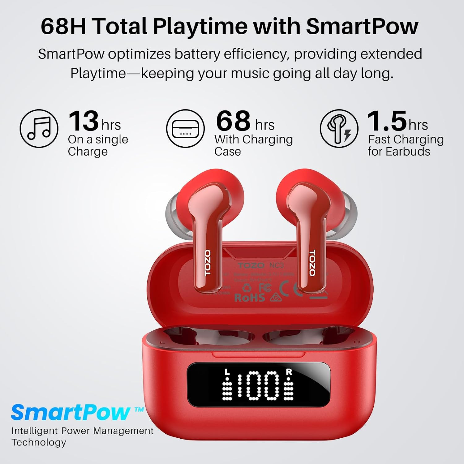 Hybrid Active Noise Cancelling in Ear Wireless Earbuds, 68H Playtime | 6 Mics AI