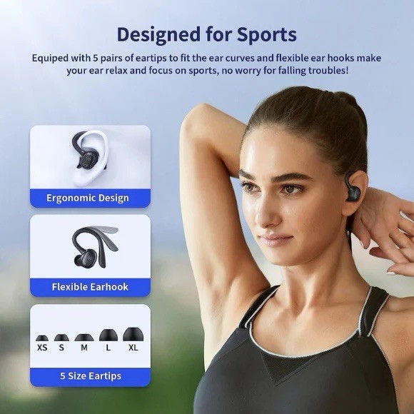 YYK-635 True Wireless Earbuds, Ear-hook, LED Display, Sports, Black