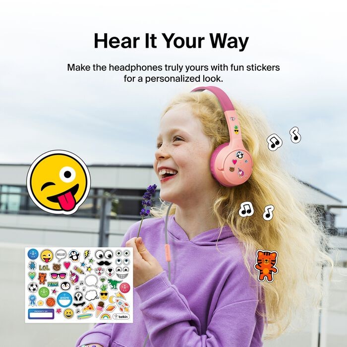Belkin Kids Headphones Wired, Volume Limited, USB-C 3.5mm Parents Trusted – Pink