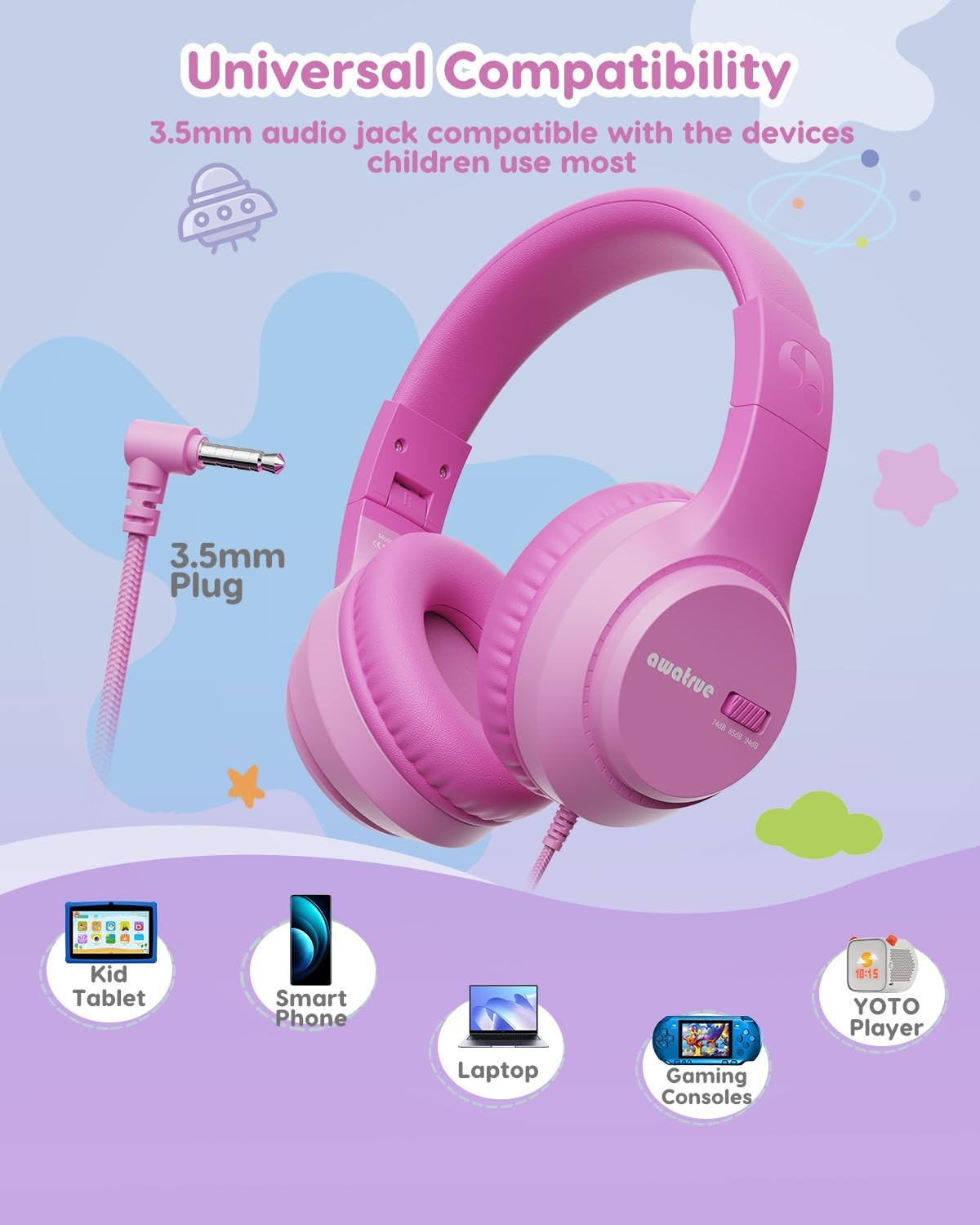 Kids Headphones, 74/85/94dB Volume Limiter, Foldable Wired Over Ear Headphone…